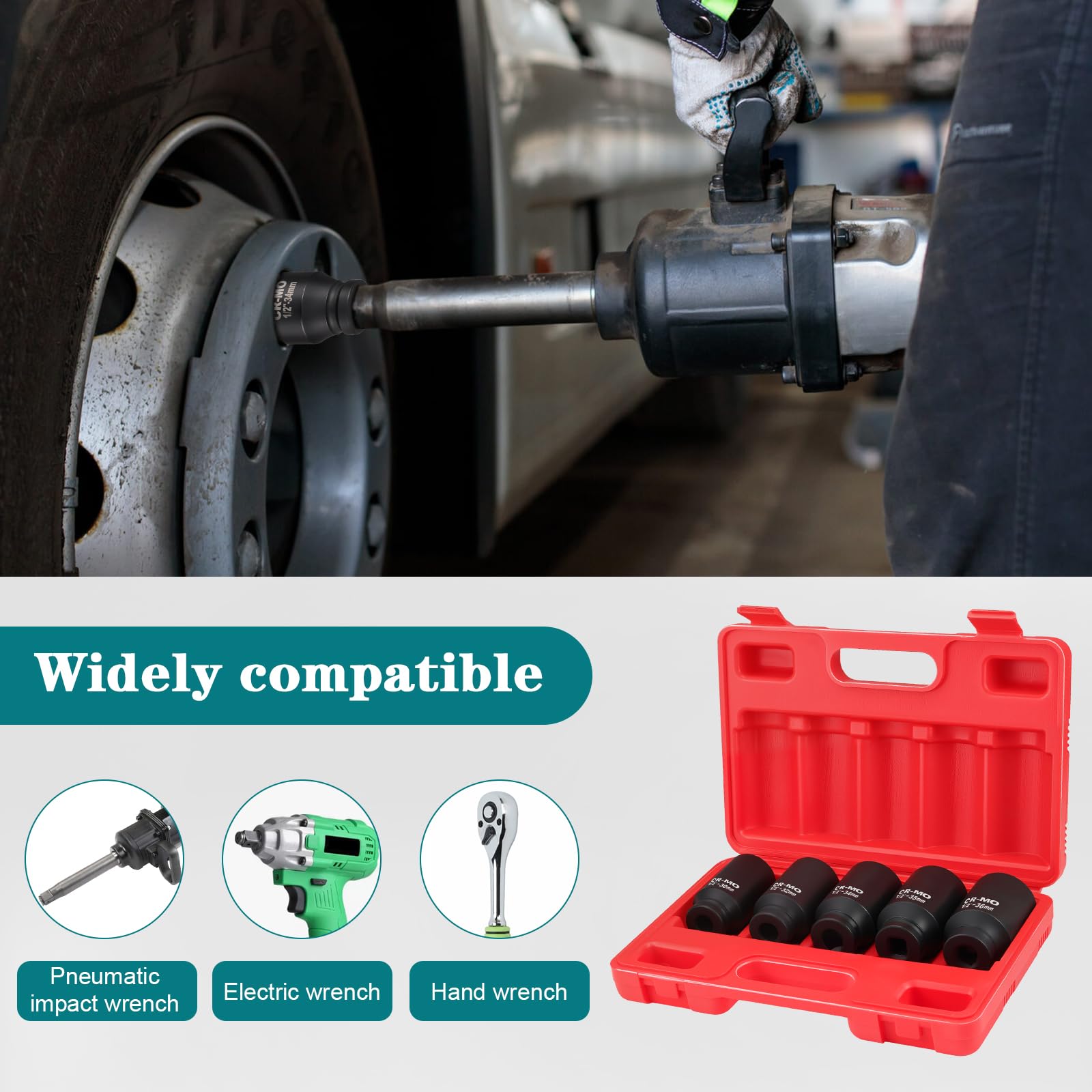 Gueenky 5 Pezzi Chiavi a Bussola a Impatto 1/2'', 30/32/34/35/36mm Chiavi a Bussola Lunghe Esagonali 78mm Profondo, per Riparazioni Auto e Cambio Gomme