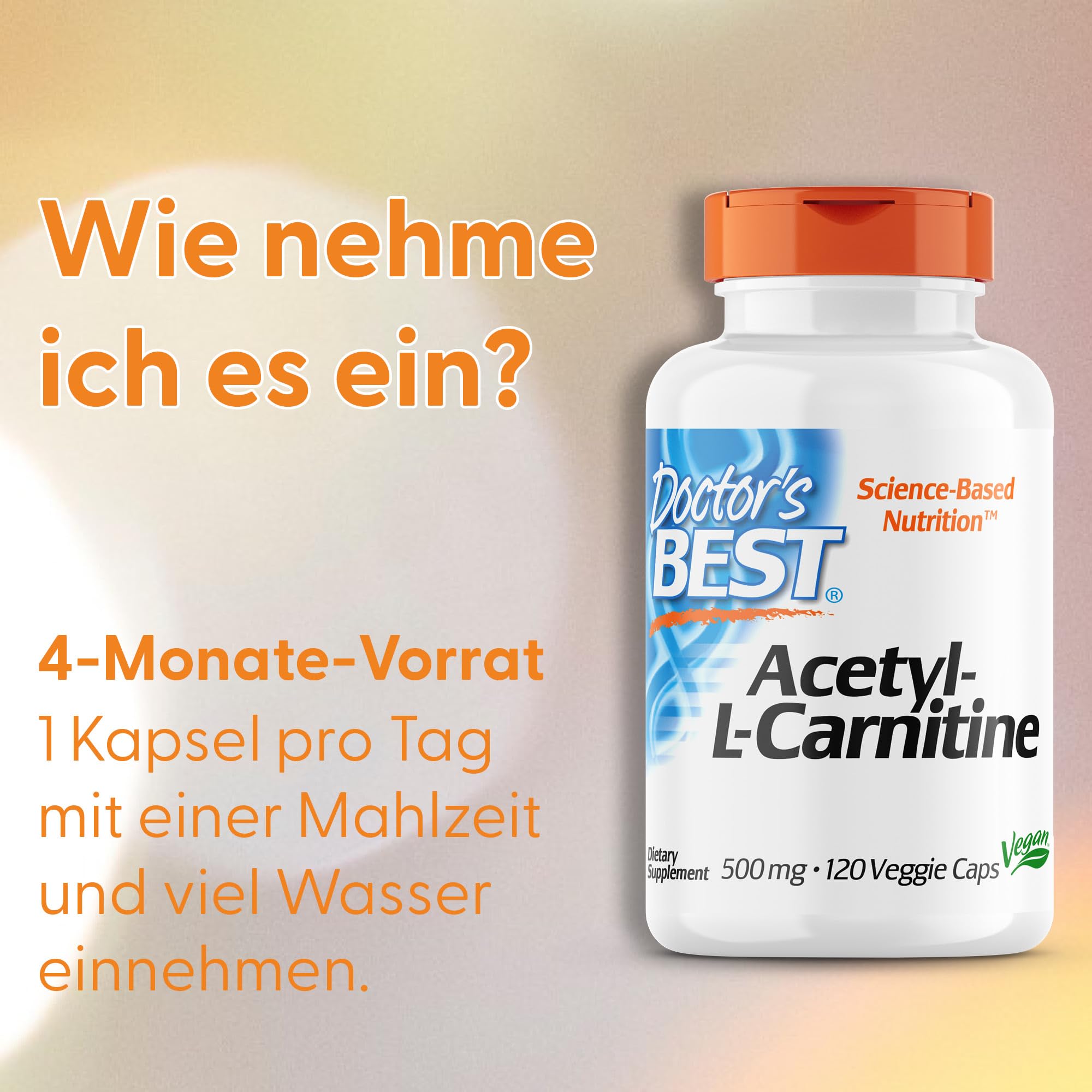 Doctor's Best, Acetyl-L-Carnitin, 120 vegane Kapseln, 1000mg Acetyl-L-Carnitin je Dosis, Glutenfrei, Sojafrei, GMO frei, Geschmacksneutral