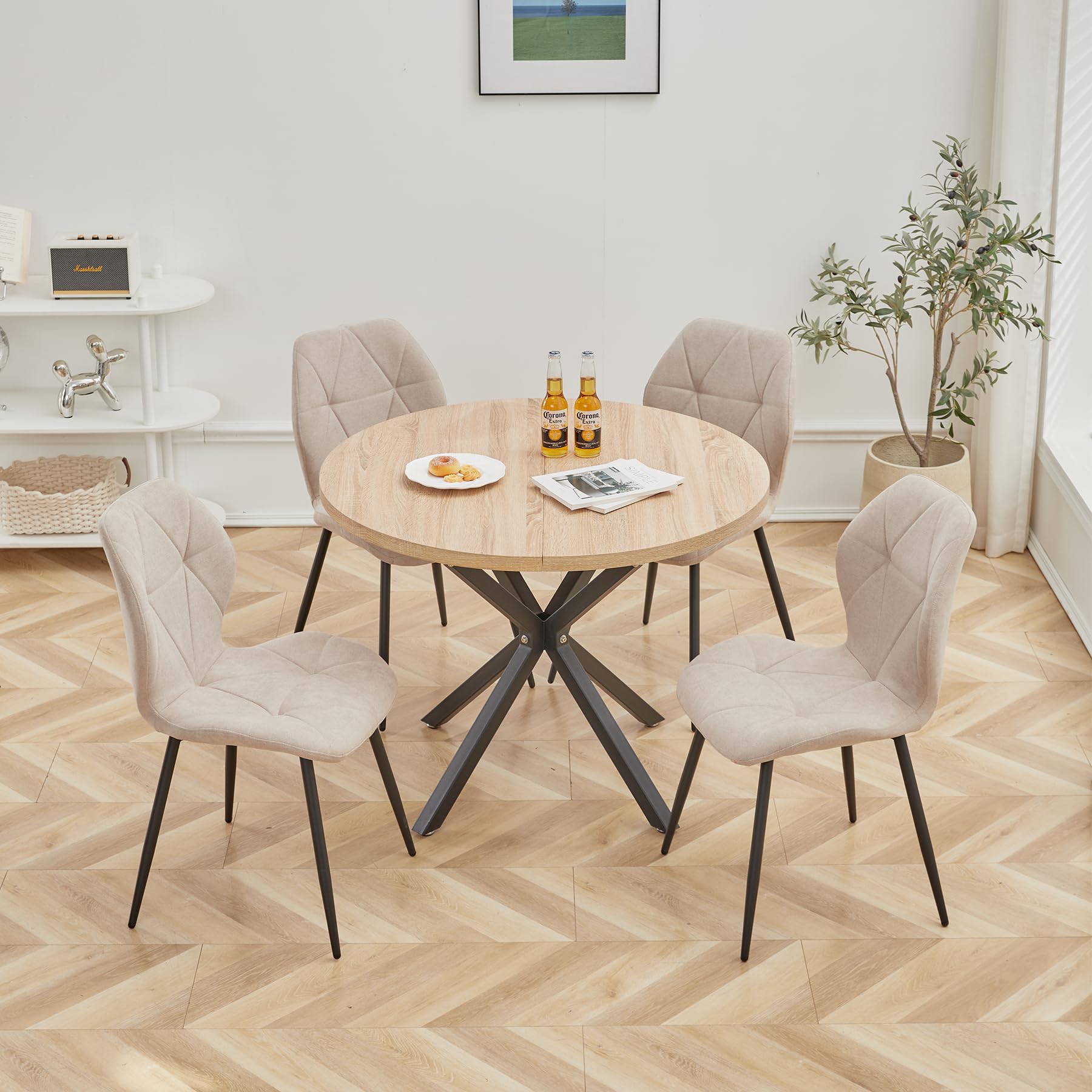 Juego de Mesa y Sillas de Comedor, Mesa de Comedor Redonda con 4 Sillas Tapizadas (Tela de Lino), Ideal para Cocina, Sala, Comedor (Natural_Caqui)