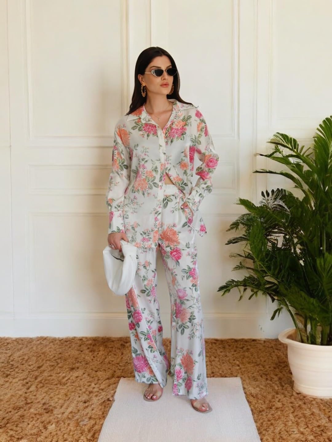 Gufrina Women's Co-Ords Set - Floral Print Shirt With Front Open Button And Wide-Leg Pants, Full Sleeves, Rayon Fabric (Pink Xl)