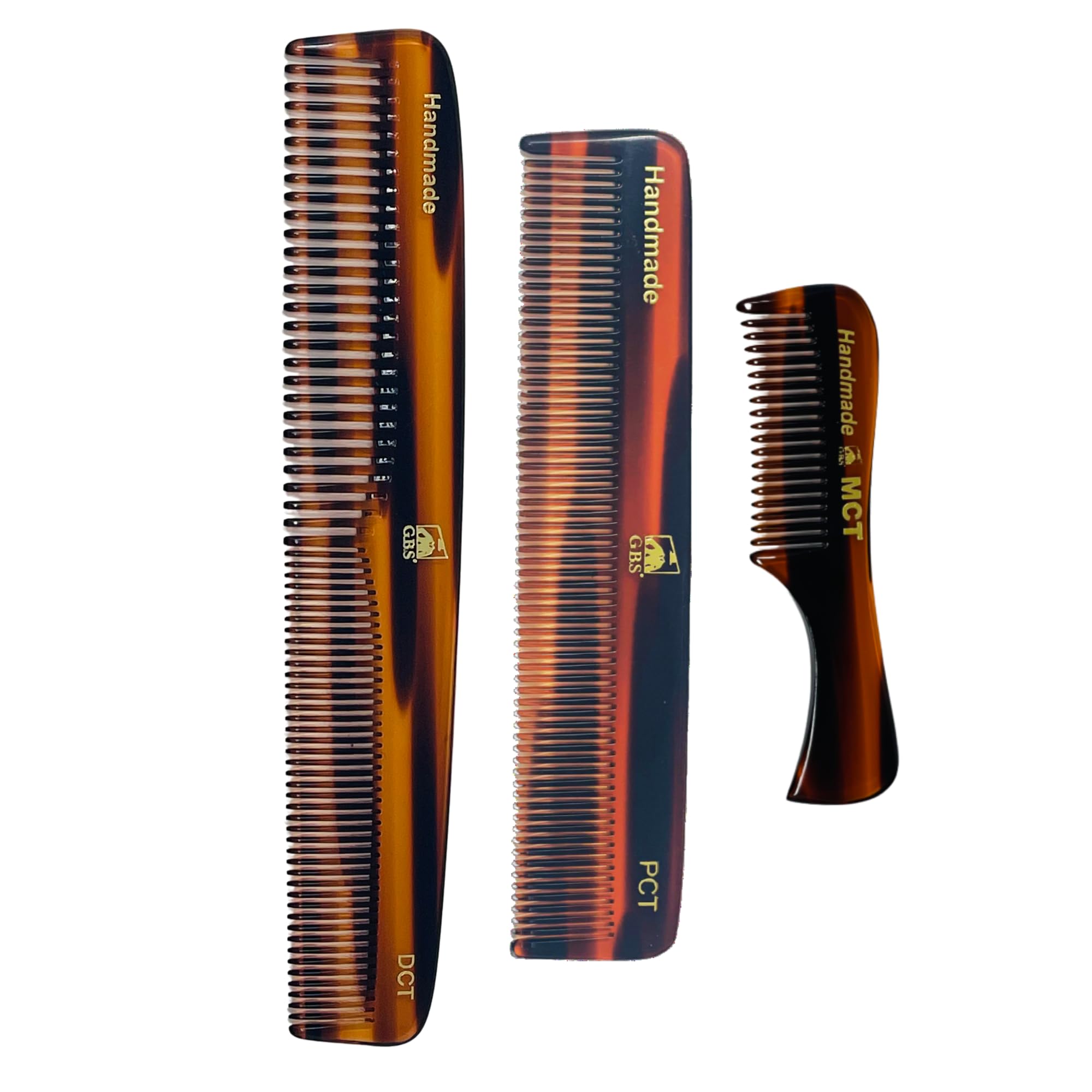 G.B.S Handmade Men and Women Comb Set- Pack of 3, Unbreakable Fine Toothed Mustache,Eyebrow Pocket Comb- Portable Pocket Size for Styling Beard & Hair anytime, Tortoise MCT DCT PCT Combs