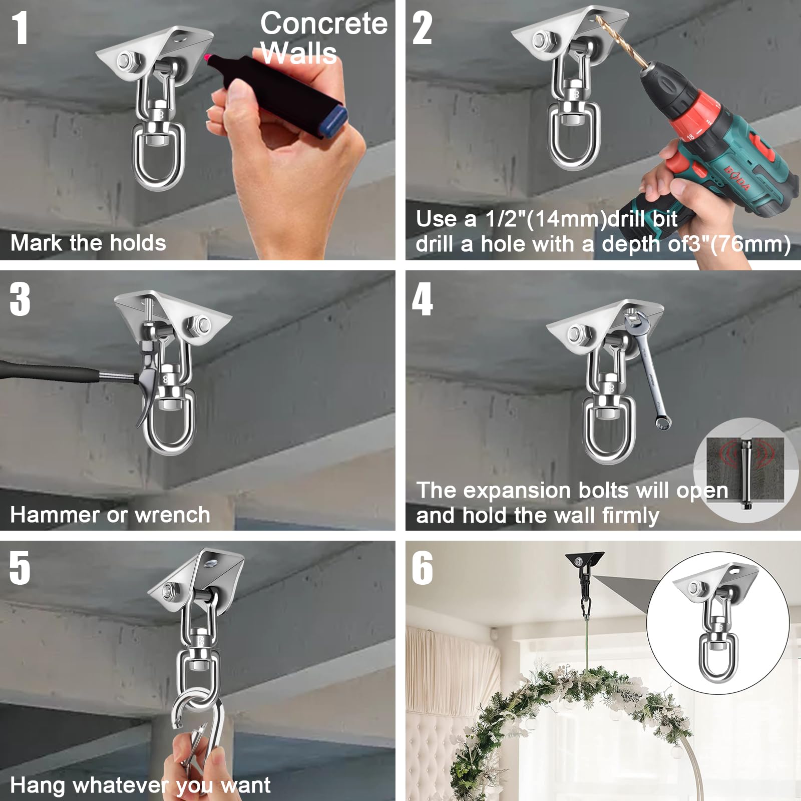 Kit para colgar hamacas, accesorios para sillas colgantes con rotación de 360° y capacidad de 1200 libras, ganchos de hamaca resistentes, kit de colgar silla hamaca y gancho de techo para soporte de 8