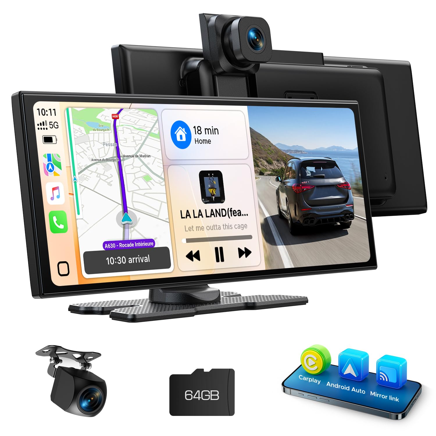 Écran Voiture 10,25 Pouces Carplay sans Fil avec Caméra de Conduite 2,5K + 1080P Compatible AppIe Carplay et Android Carplay Portable Autoradio Assistant Navigation 64GB TF Mirrorlink Bluetooth AUX