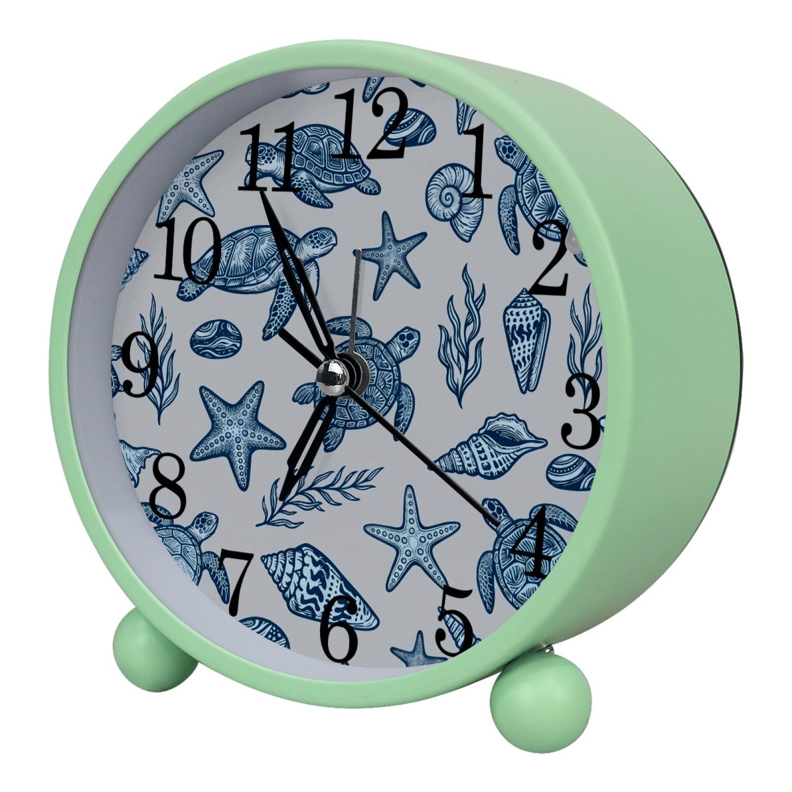 etoenbrc Grey Turtles and Starfish Round Battery Operated Bedside Alarm Clock Non-Ticking Desktop Silent Analog Alarm Clock with Light