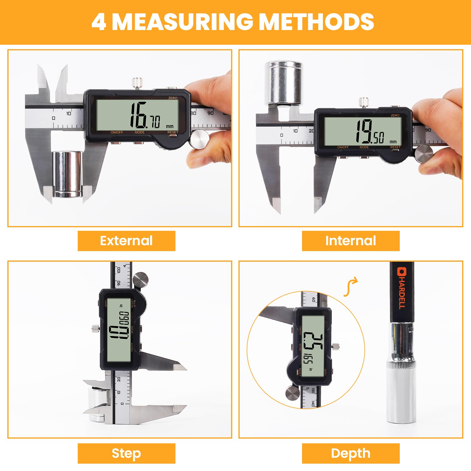 HARDELL Calibrador digital recargable, Pie de Rey Digital de 6 pulgadas con reinicio, herramienta de medición con conversión de mm/pulg/F, apagado automático, micrómetro con pantalla grande