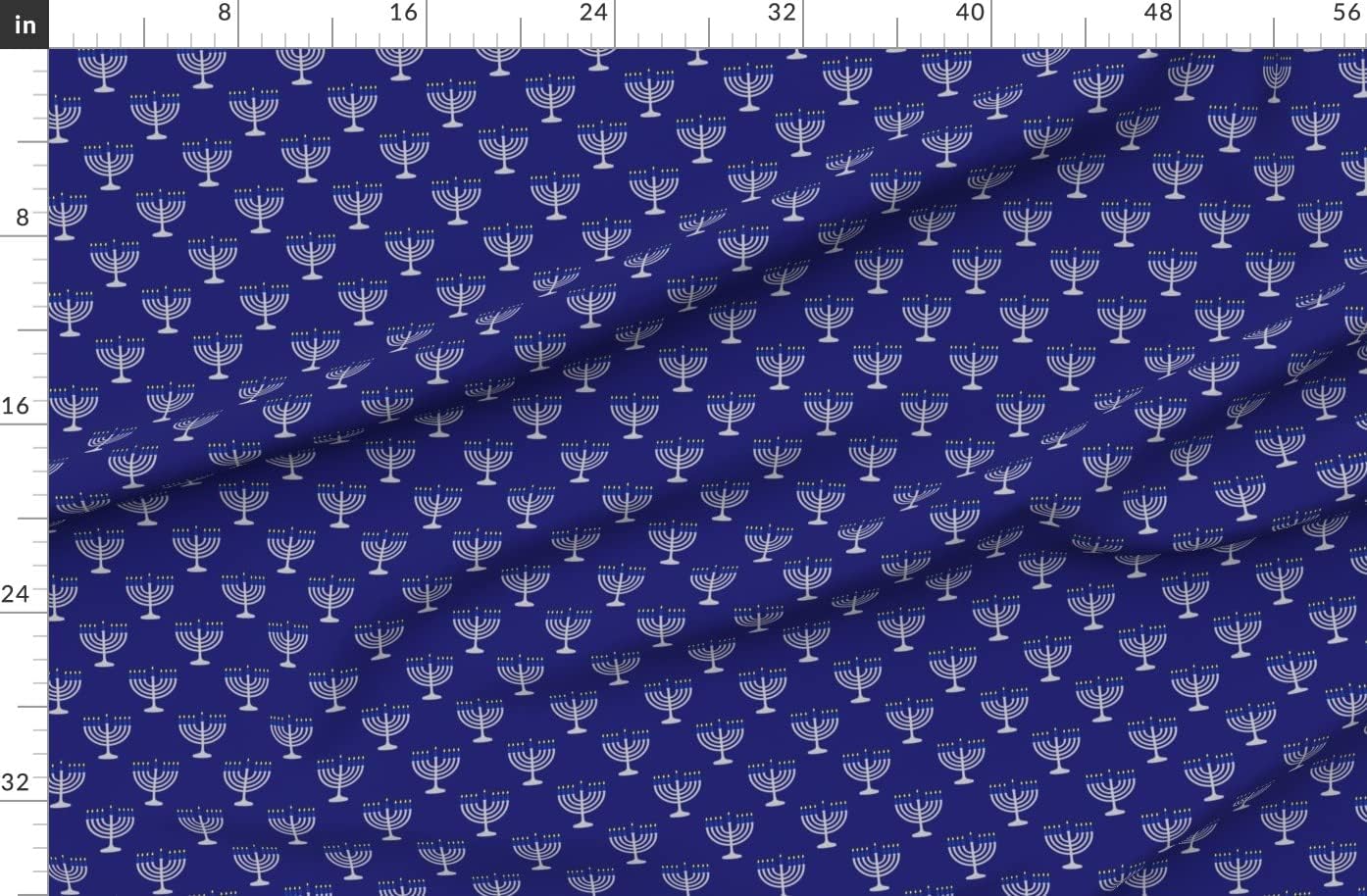 Spoonflower Fabric - Blue Silver Menorah Midnight Scale Hanukkah Holiday Printed on Organic Cotton Sateen Fabric by The Yard - Sewing Quilting Apparel Home Decor