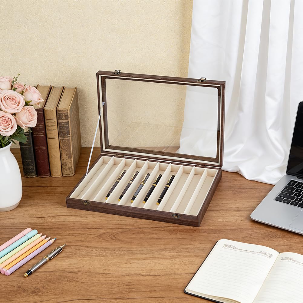 BENECREAT Présentoir à Stylos en Bois avec 10 Emplacement Organisateur de Stylos Plumes en Verre Transparent Idéal pour Offrir Ou Collectionner. 350x240~250x49mm