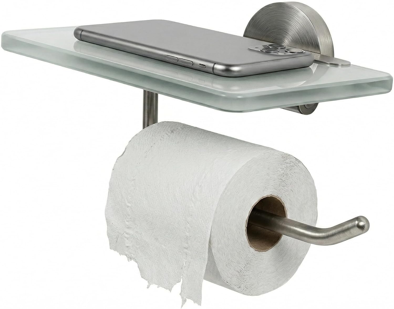 Veemoon Toilet Paper Holder with Glass Shelf - Wall Mount Bathroom Storage Organizer Fits Roll Toilet Paper - Rustproof Brushed Stainless Steel Tissue Rack Room Decor Gift for Housewarming
