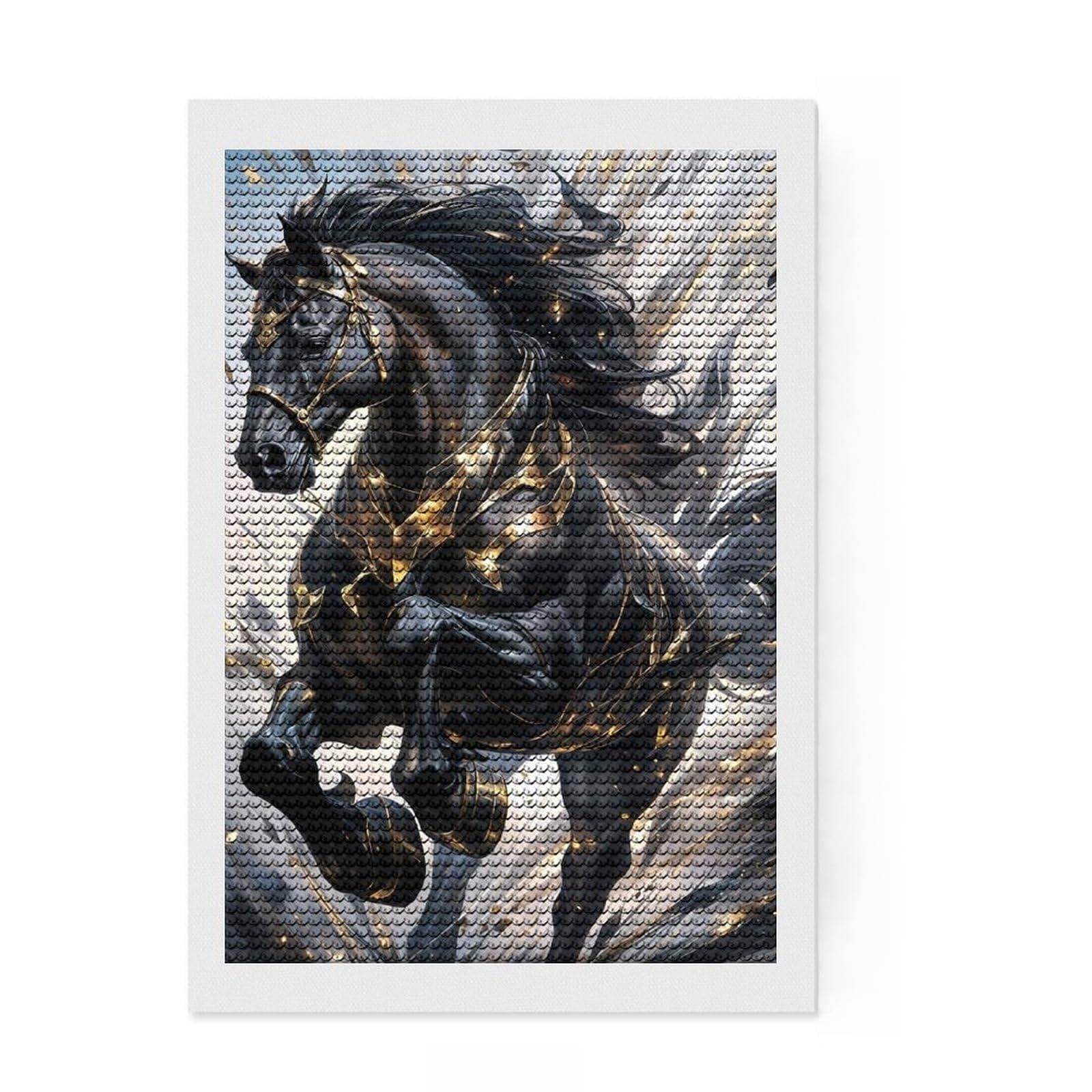Junmoney Majestic Black Horse Diamond Painting Set 8"x12", Birthday Gift, for Beginners, Full Kit Included, Vintage Style Decor, with Tool Kit
