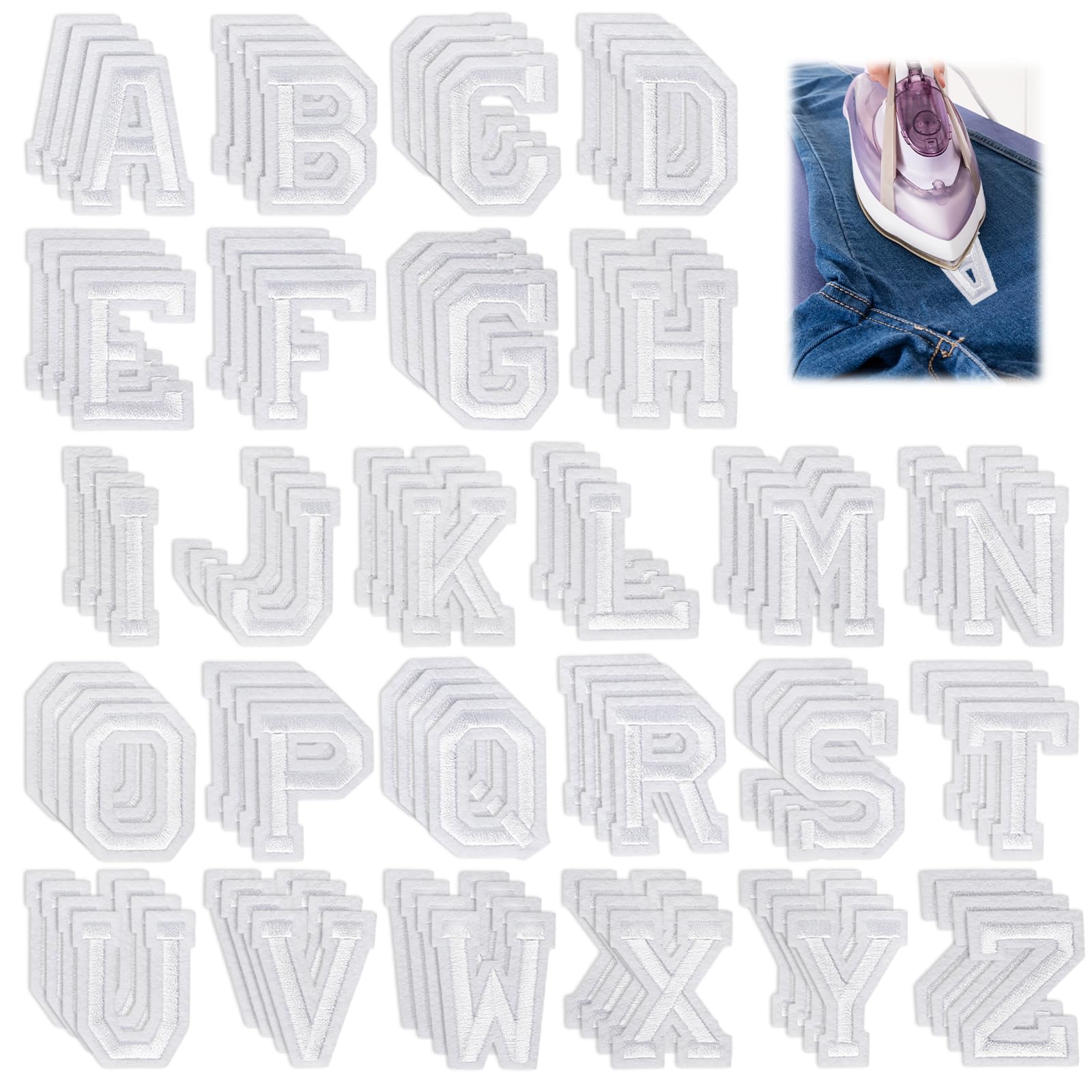 104Pcs White Iron on Letters Patches Alphabet Embroidered Patches A-Z Applique Patches Decorate Repair Patches for Clothes Backpacks Hats Socks DIY Accessories