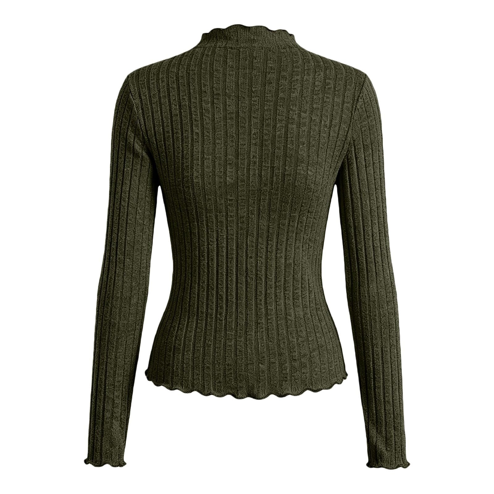 Top de Punto Acanalado para Mujer, Cuello Alto con Volantes, Manga Larga, c