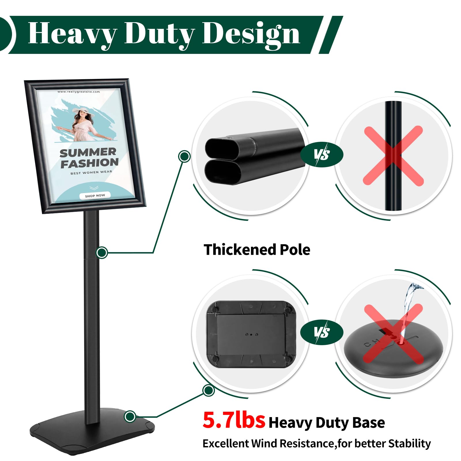 Soporte de señal de pedestal resistente para exhibición, soporte ajustable de 8.5 x 11 pulgadas con base pesada, soporte de letrero de vista vertical y horizontal para publicidad en interiores y