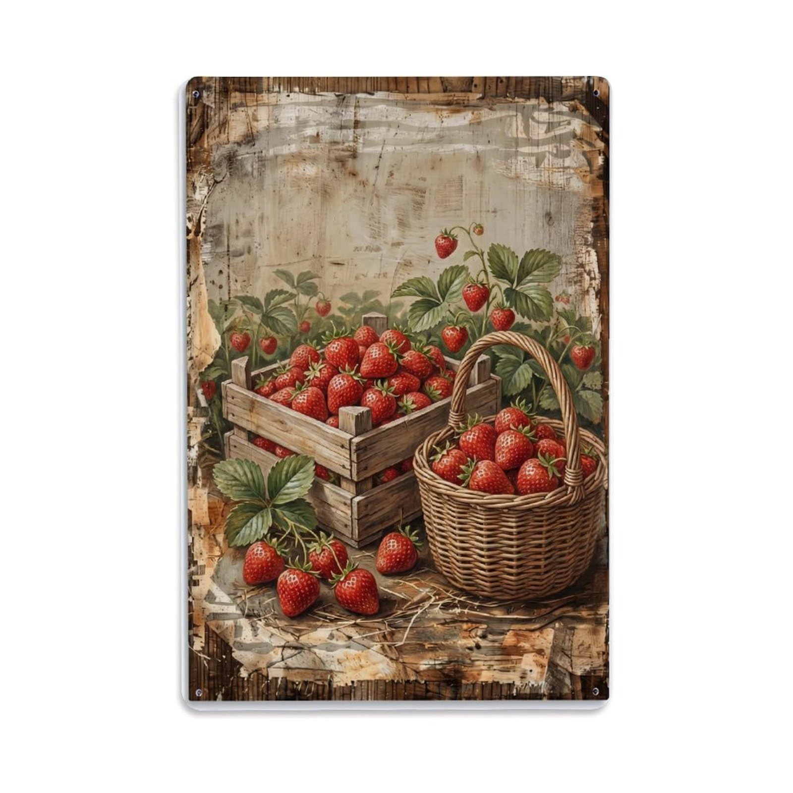 Strawberry Field Harvest Red Berry Countryside Picking Metal Tin Sign Plaque Wall Decor for Cafe, Club Bar, Office, Home Garden Metal Poster 8x12Inch