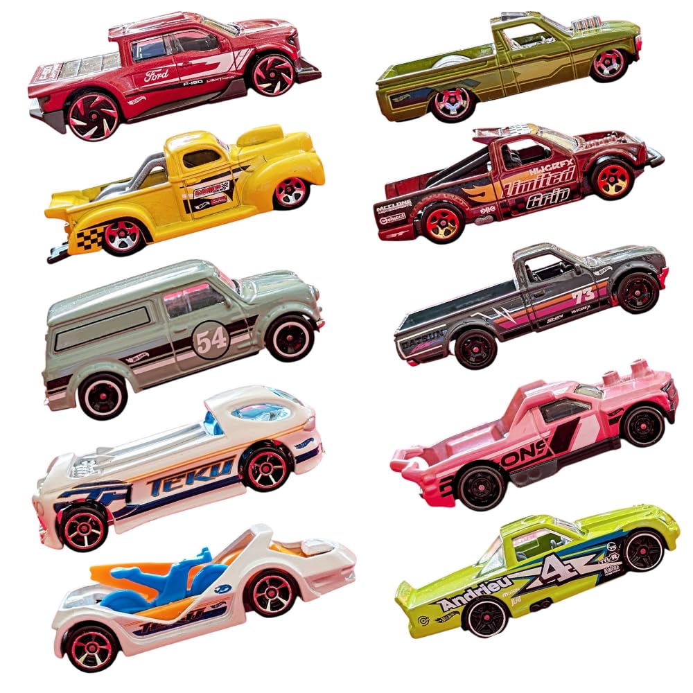Hot Wheels Car 2025 Pack of 10 (Ford F-150, 72 Chevy Luv, 40 Ford Pickup, Limited Grip, 67 Austin, Datsun 620, Deora II, Circle Trucker, Fig Rig, Deora III) Multi - Color-image-7