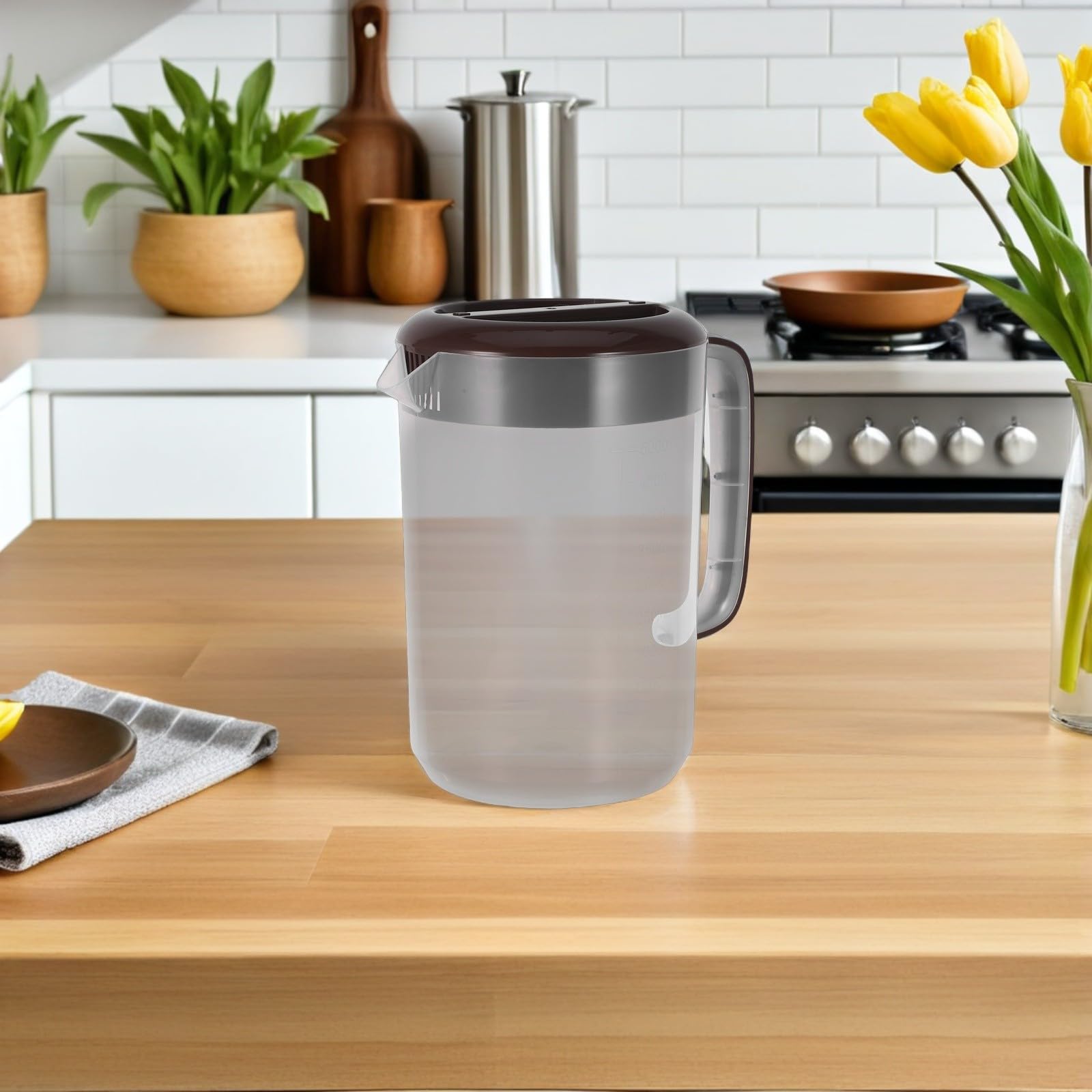 TOYANDONA Großer Wasserkrug Pp Kunststoff 5 Liter mit Deckel für Kühlschrank Hitzebeständig Transparenter Saftkrug mit Skala und Verstärkter Wand für Zuhause und Party