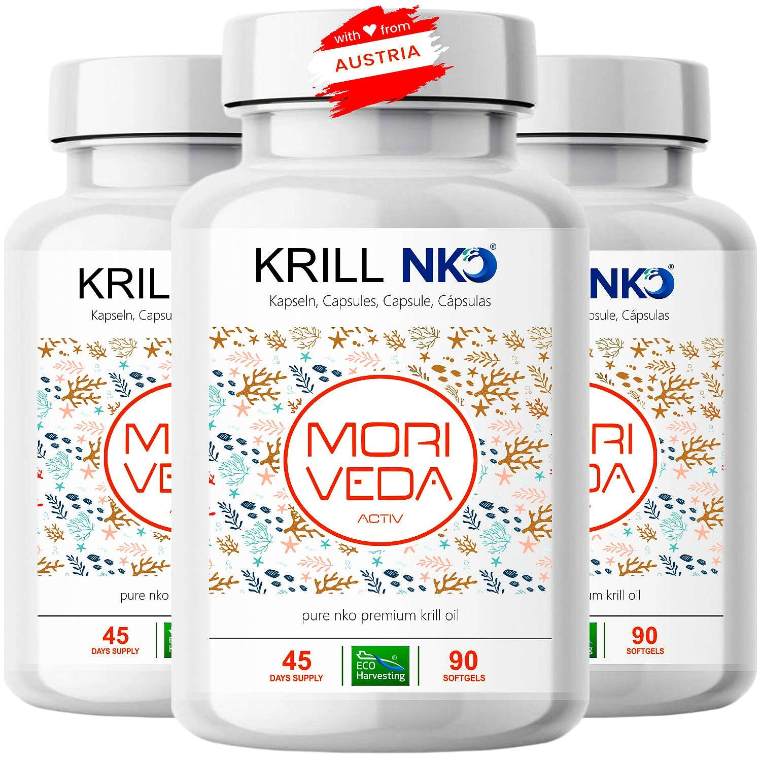 MoriVeda NKO® Antarktische Krillöl Kapseln 270 Stück (3x90) mit Vanille – 1000 mg Antarktisches Krillöl/Tagesdosis – EPA DHA Astaxanthin Cholin Phospholipide – MSC-zertifiziert, aus ECO Harvesting