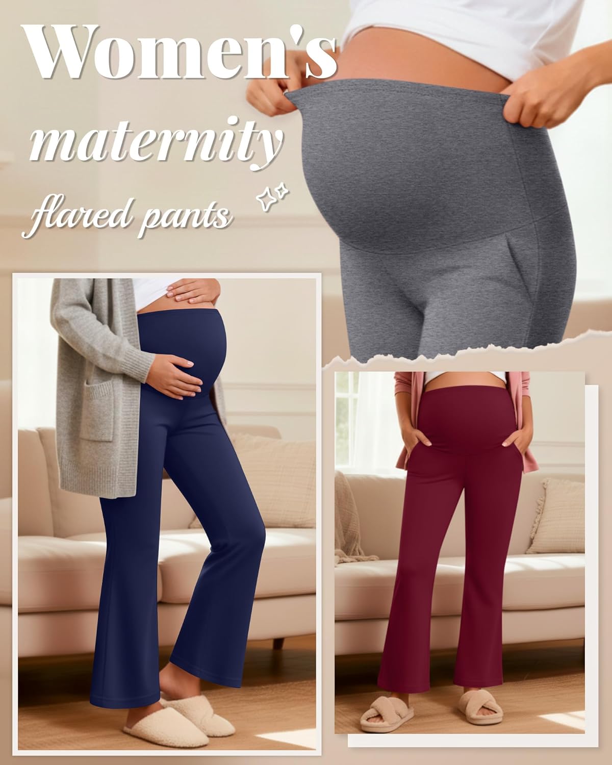 3 Pack Women's Maternity Pants Over The Belly Stretchy Pregnancy Sweatpants Bootcut Pregnancy Trousers with Pocket - Image 2