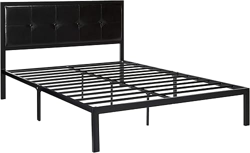 Plataforma clásica para cama de la marca Zinus de cuero sintético con listones de soporte hechos de aluminio tamaño doble Acero Negro