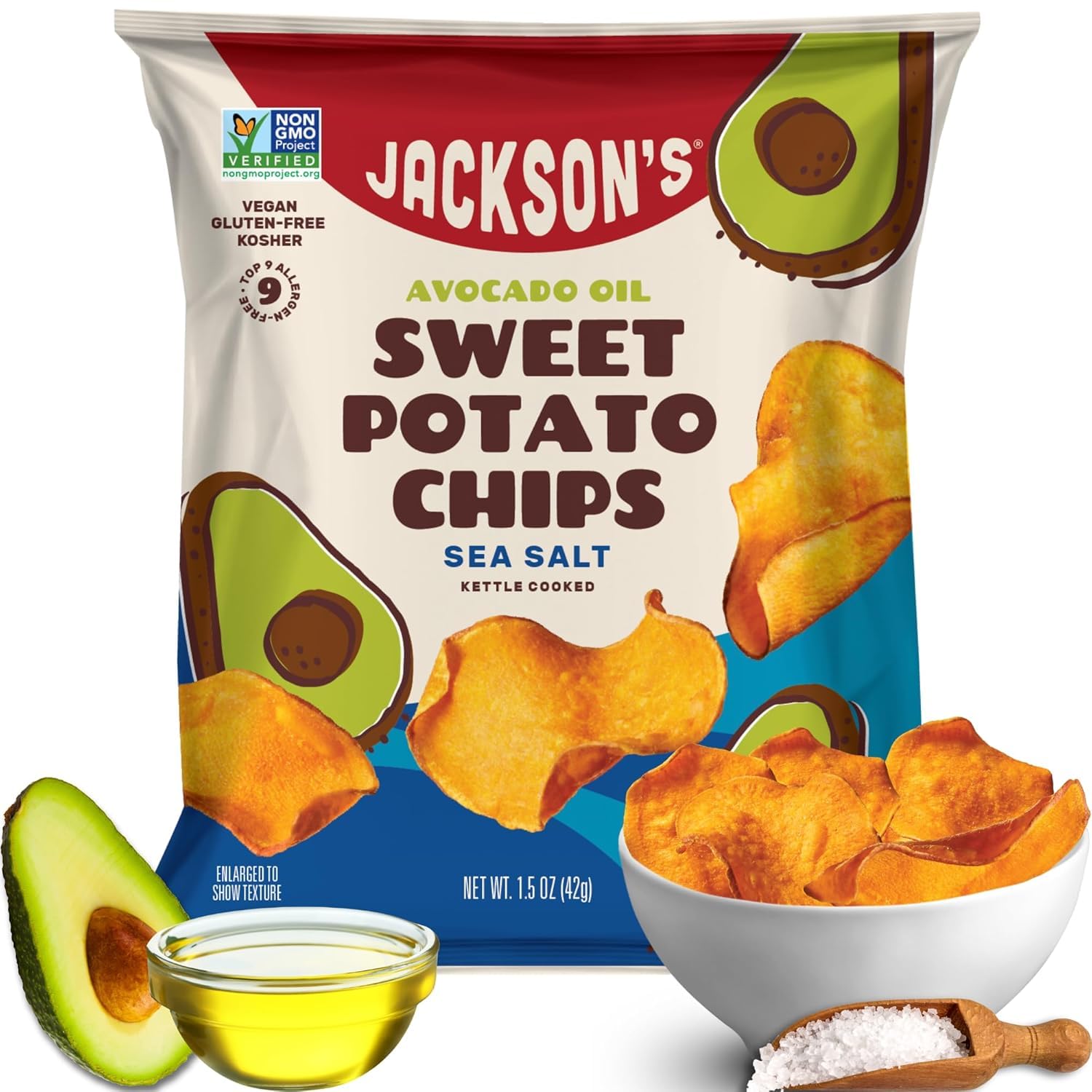 Jackson’s Sweet Potato Kettle Chips with Sea Salt made with Premium Avocado Oil (1.5 Ounce, Pack of 18) - Allergen-friendly, Gluten Free, Peanut Free, Vegan, Paleo Friendly - Shark Tank Product