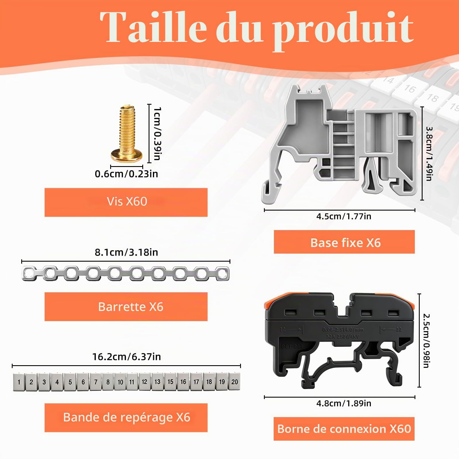 Bornes en série Rail DIN 60 pièces - bornes de connexion | borne de passage Rail DIN 0,08–4 mm² PCT-211 | bornes à vis enfichables kit | bornes électriques pour un câblage rapide