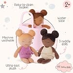 LullaBaby - Washable Bath Dolls for Real Water Play - 3-Pieces Set of Soft Plush Dolls - Pink Carrying Basket with Star Cutouts - Pretend Play - Tub Toy for Kids 2 Years +