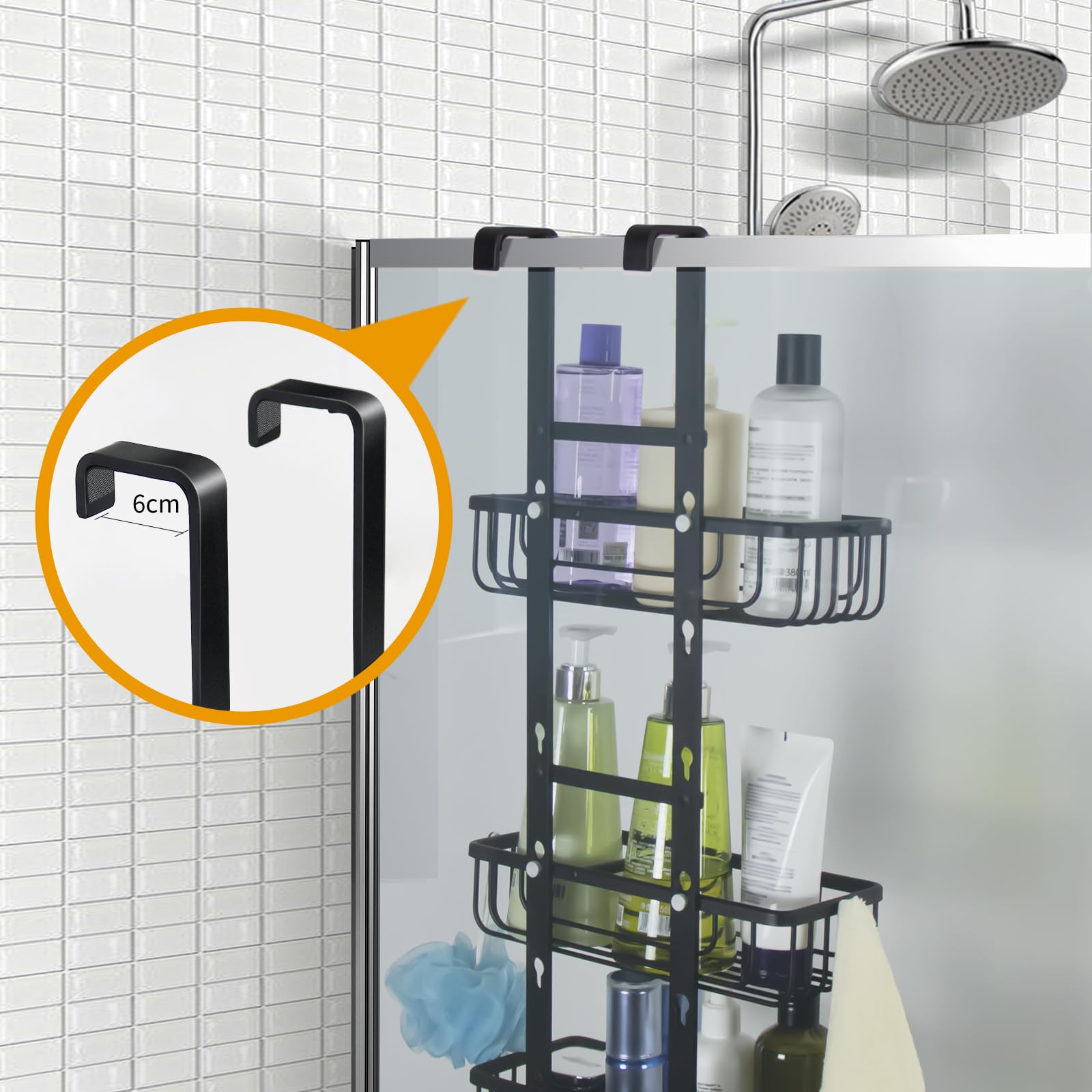 Duwee Estantería de Ducha Organizador para Colgar sobre la Puerta, 4 Niveles, Ajustable, con Gancho, Cesta de Almacenamiento a Prueba de Óxido, Sin Taladrar, para Champú, Gel de Ducha, Color Negro