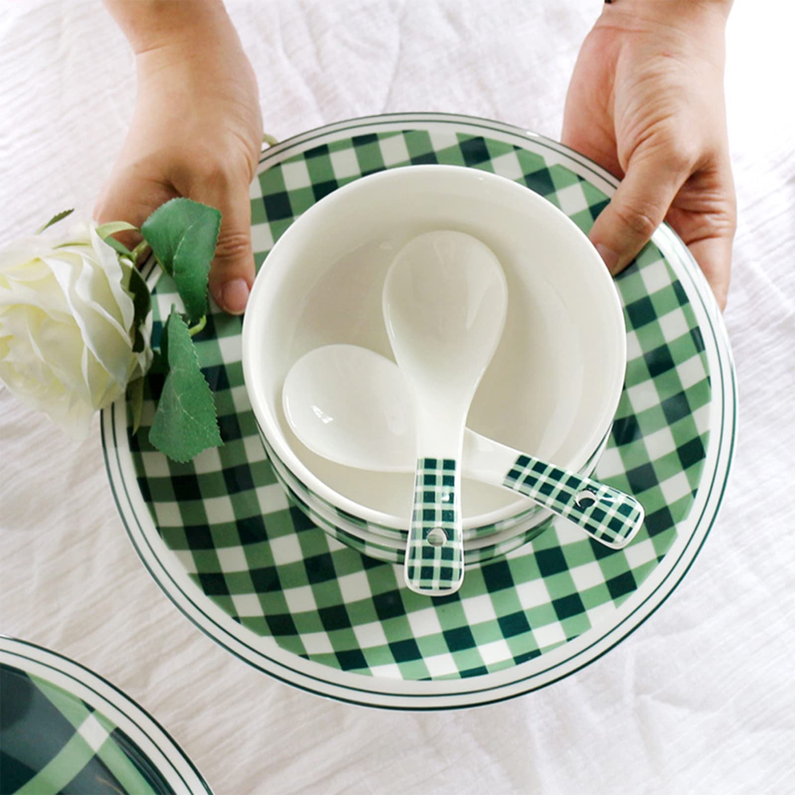 Ensembles d'assiettes et de bols en porcelaine, ensembles de vaisselle 24 pièces, bol à salade, ensemble combiné de vaisselle | Plats de service en céramique pour le service de fête à carreaux des fêt