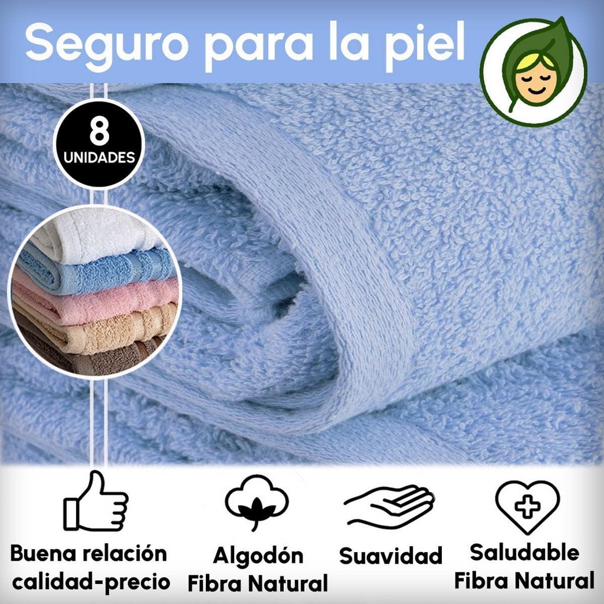 Juego de 8 Toallas de Ducha Color Azul 100% algodón Rizo de 140x70 cm | Tejido suave de gran gramaje con alta absorción. Aptas para lavadora, de uso diario.