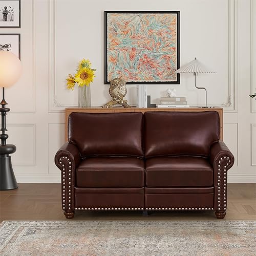 Harper & Bright Designs Faux Leather 2-Seat Loveseat Couch with Hidden Storage Under Seat, Nailhead Trim, Solid Wood Legs, Classical Sofa for Living Room, Office, Apartment, Burgundy