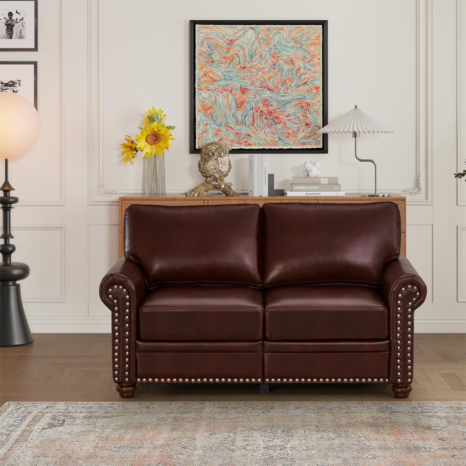 Harper & Bright Designs Faux Leather 2-Seat Loveseat Couch with Hidden Storage Under Seat, Nailhead Trim, Solid Wood Legs, Classical Sofa for Living Room, Office, Apartment, Burgundy