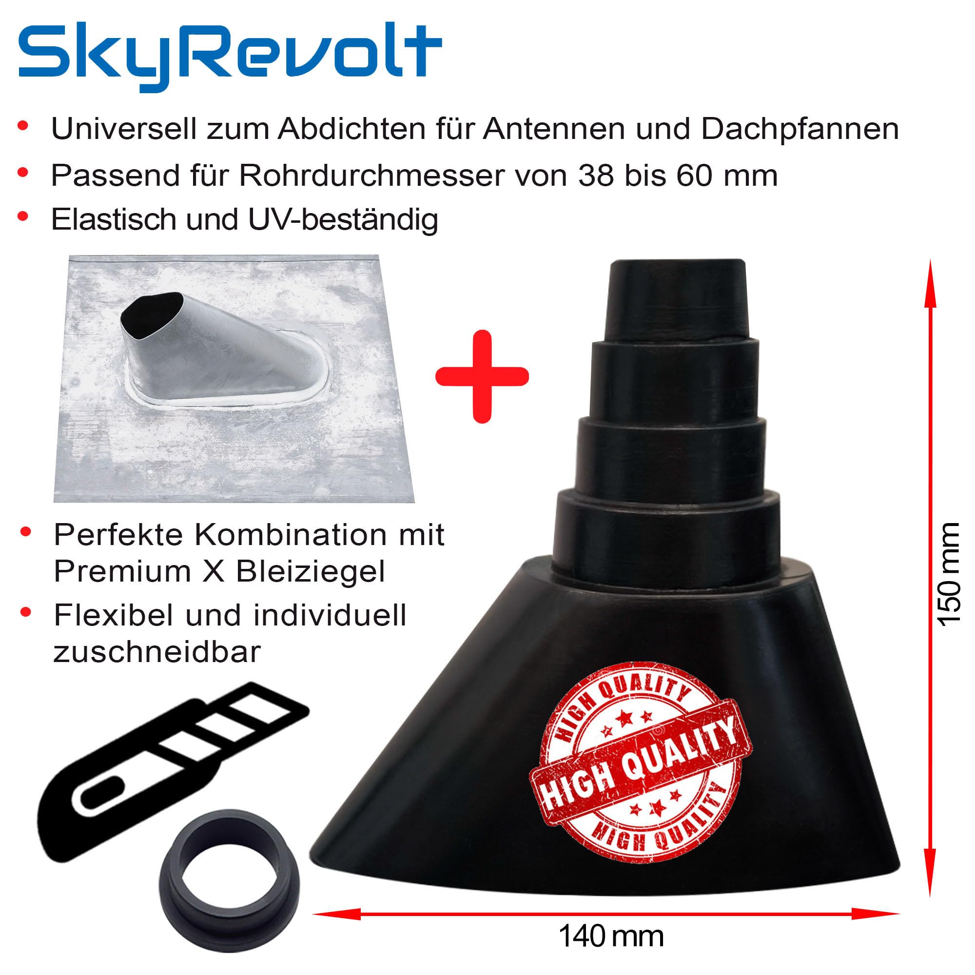Dachpfanne aus Blei Bleiziegel Bleipfanne Dachabdeckung Dachziegel Universal mit Gummimanschette Schwarz