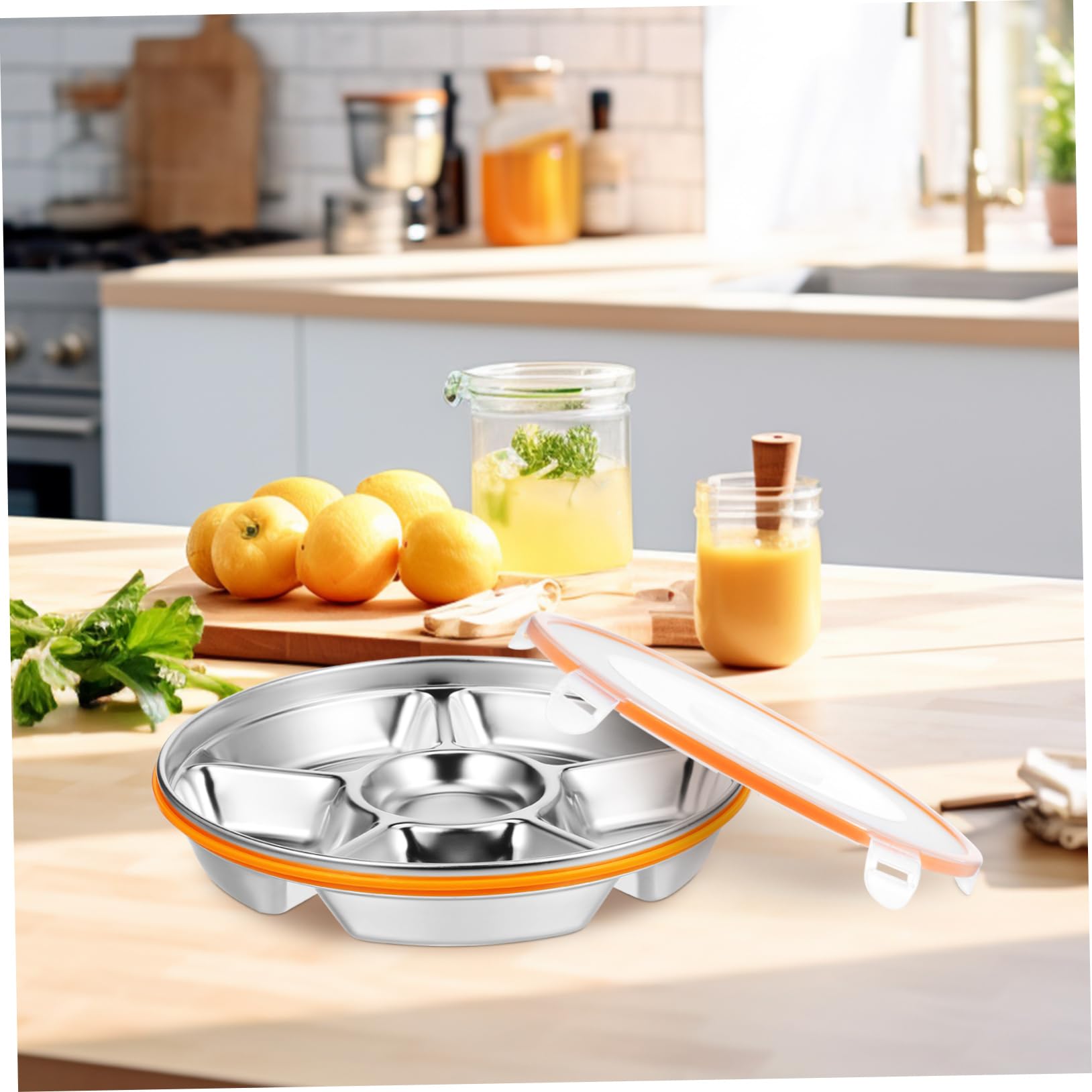 Snackbox Edelstahl mit Deckel Servierplatte mit 6 Fächern aus Edelstahl und Pp Getrenntes Design für Picknick und Outdoor