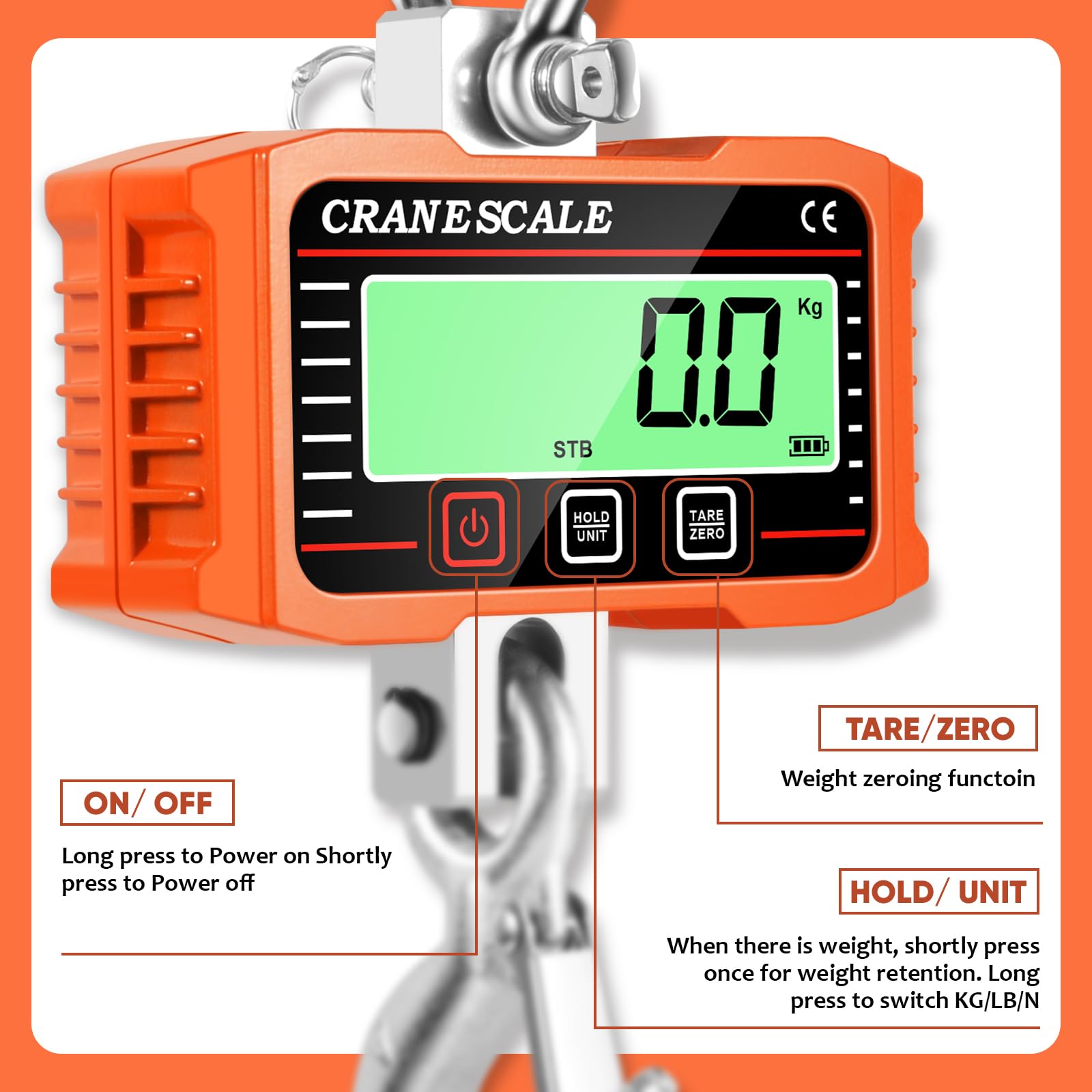 Bilancia da gru digitale, bilancia sospesa elettronica da 2000 kg 4400 libbre, bilancia sospesa industriale con sensore preciso, mini bilancia LCD portatile con gancio, bilancia da gioco digitale