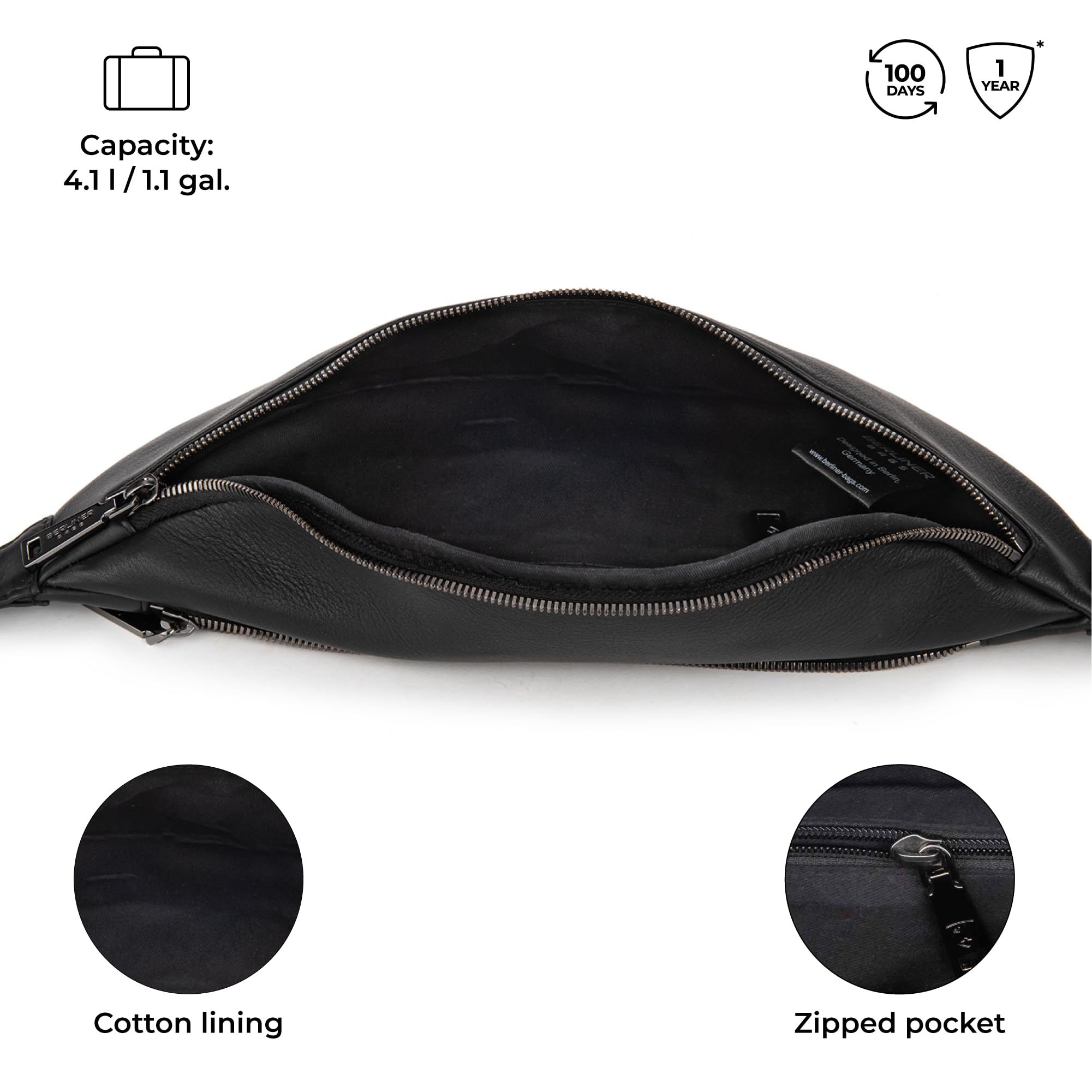 Berliner Bags Mona XL Riñonera y Bolso Bandolera de Piel Auténtica Unisex, con Cremallera YKK, Correa Ajustable y Diseño Compacto para Viajes y Uso Diario – Negro