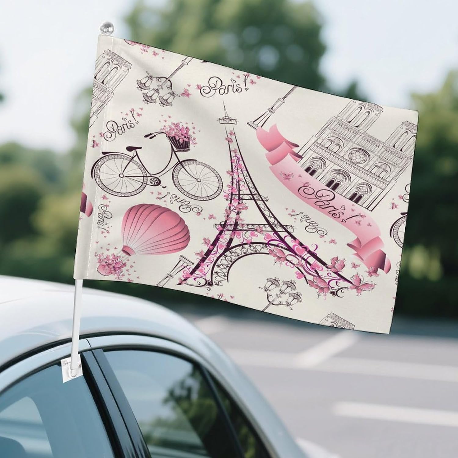 Romantic Paris Eiffel Tower Car Flag Polyester Clip Flags Mini Handheld Banners for Auto Outside Travel Decor image 4