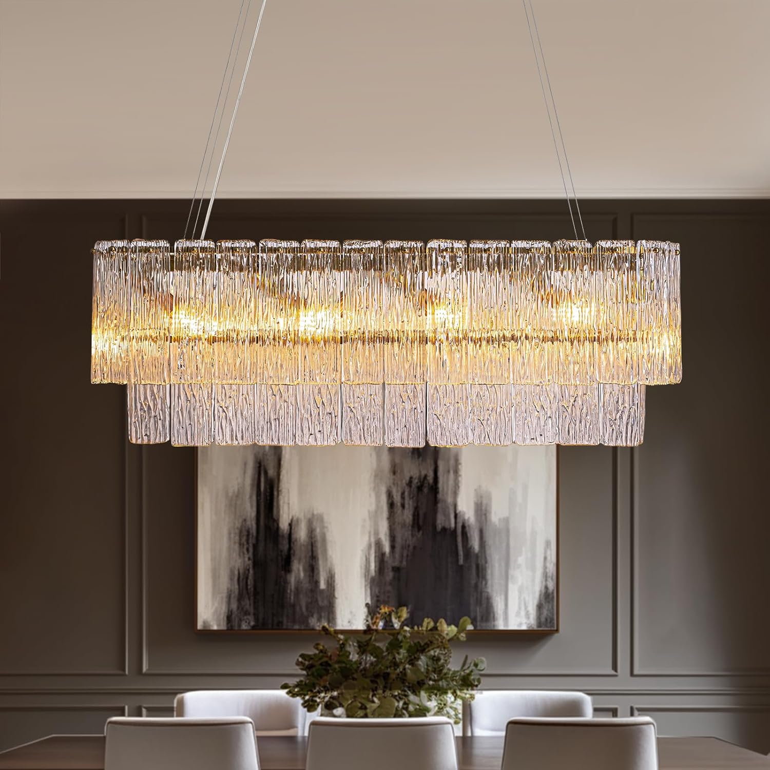 7PM Rectangular Chandelier,Modern Chandeliers for Dining Room Gold Linear Chandeliers for Kitchen Island, Bar, Brass Finish,L39.37”x W7.87”x H5.90”
