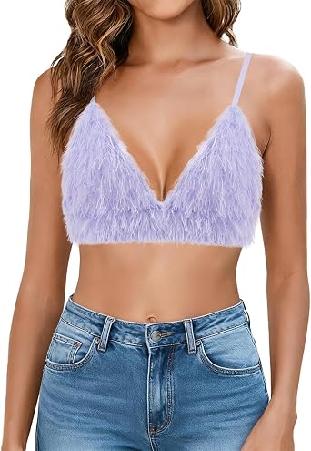 Womens Faux Fur Crop Top V Neck Triangle Tank Top Spaghetti Strap Furry Backless Bralette for Music Festival Concert