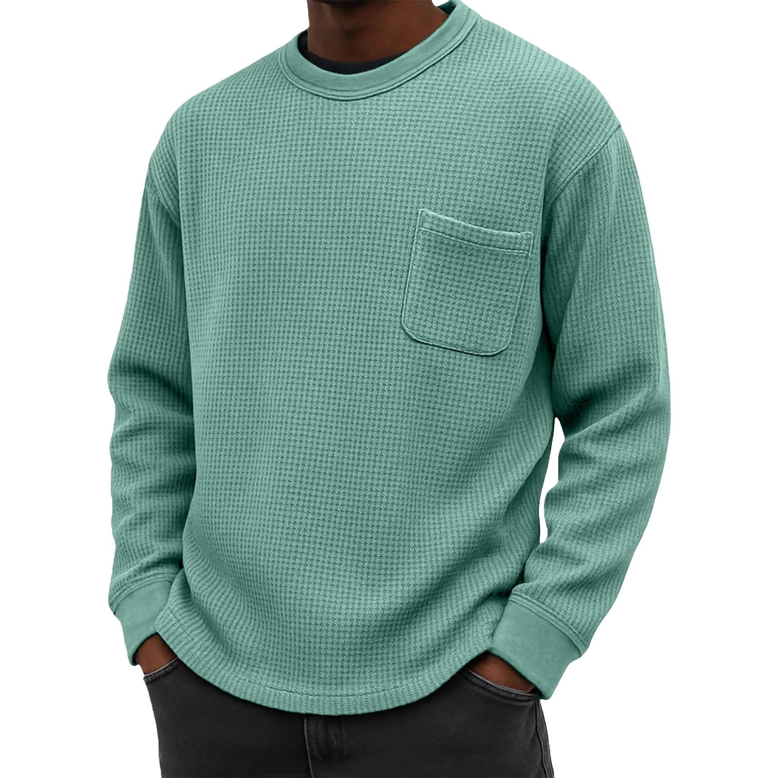 Generico Maglia Uomo A Struttura Waffle Collo Tondo con Tasca Maniche Lunghe, Modello Base Semplice per Abiti di Primavera E Autunno