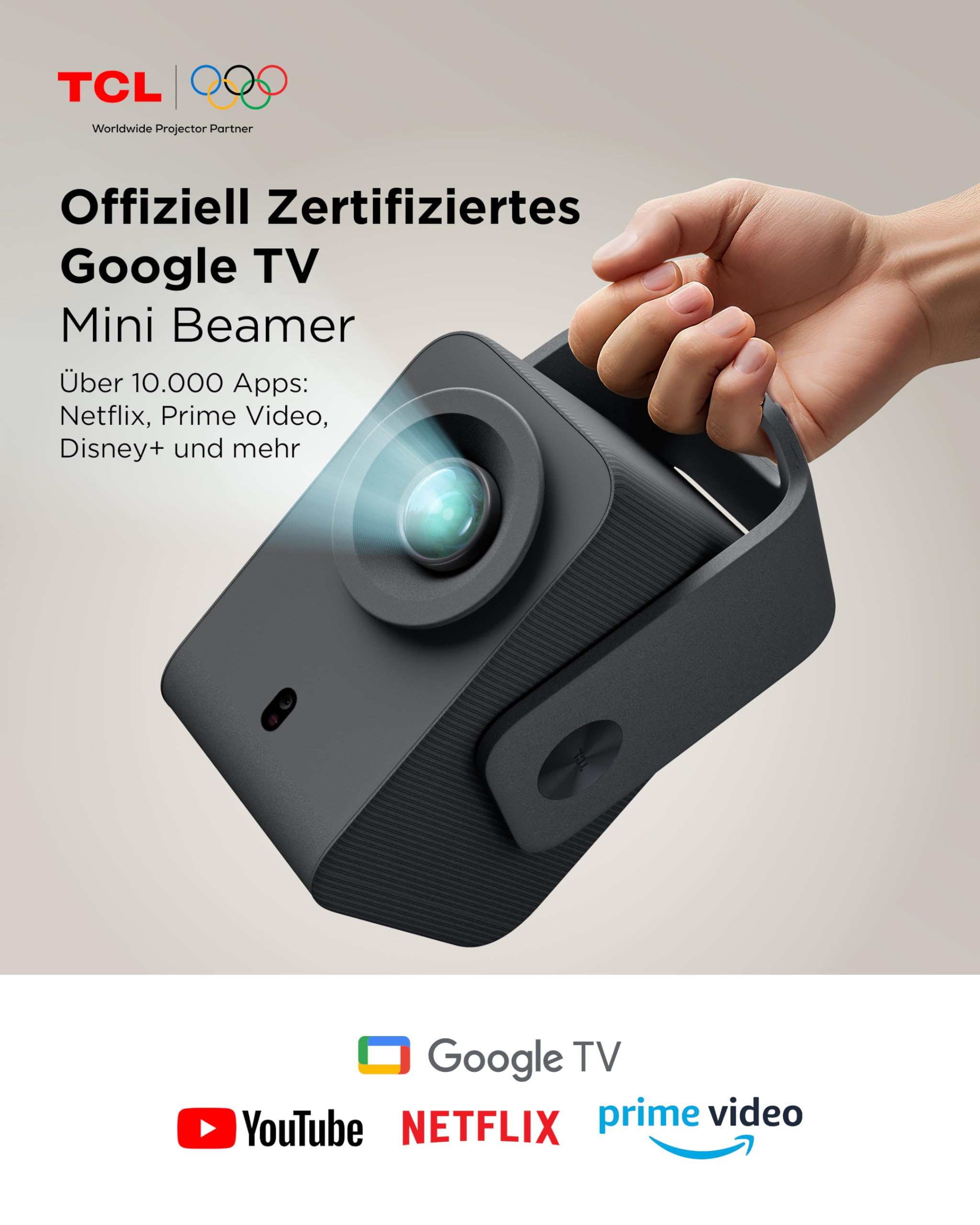 TCL C1 Smart Mini Beamer, Integriertes Offizielles Google TV/Netflix/APV, Projektor 4K 1080p, Autofokus & 6D Keystone, Dolby 8W, WLAN, Bluetooth, 285° Drehbar für Handy, Heimkino, Deckenprojektion