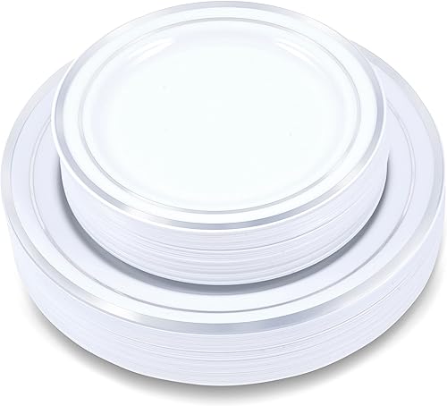 Miniatura 1 de Crystal Ridge Tableware Juego de platos de plástico de 64 piezas, 32 platos de cena y 32 platos de ensalada, platos desechables para fiestas,