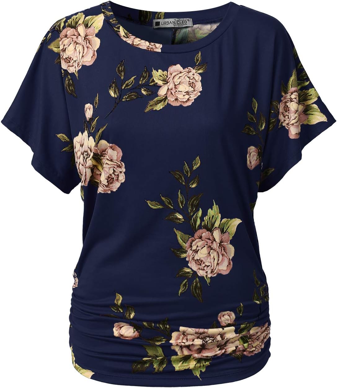 Womens Boat Neck Rose Floral Dolman Top Shirts Navy, S