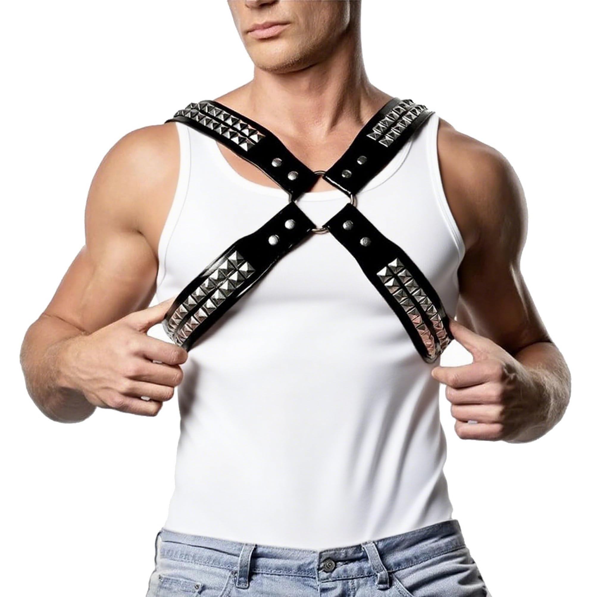 BPZXL Mens PU Leather Chest Harness Costume Cosplay Top, Adjustable Body Harness Shoulder Straps Male Punk Fashion Steatement Rave Outfit for Halloween Cosplay Music Festival Party ZX120 (Black)