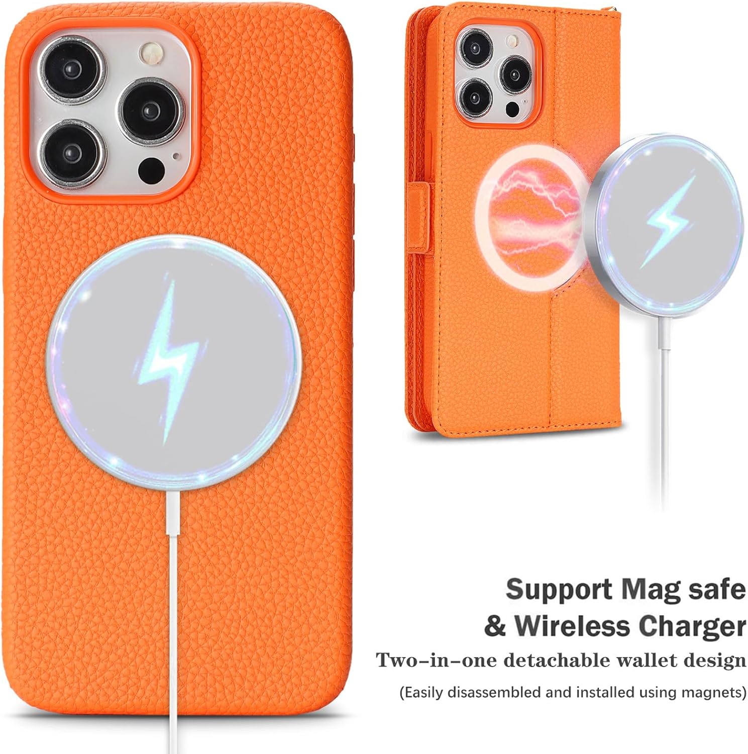 for iPhone 15 Pro Max Detachable Wallet Case, [Compatible with MagSafe] [Card Holder] [Zipper Pocket],2-in-1 PU Leather Flip Purse Kickstand Wrist Strap Magnetic Cover,Lichi Orange