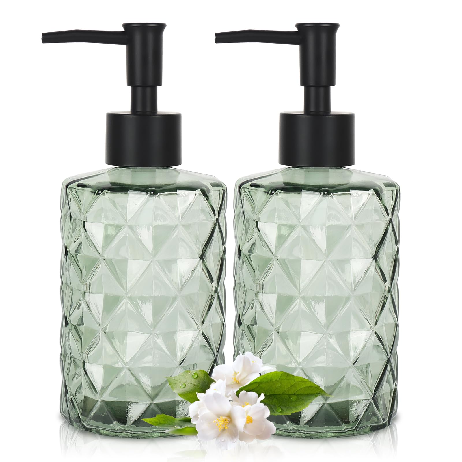 AstraLoom Lote de 2 dispensadores de jabón de cristal recargables de 330 ml con bomba para baño y cocina (verde)