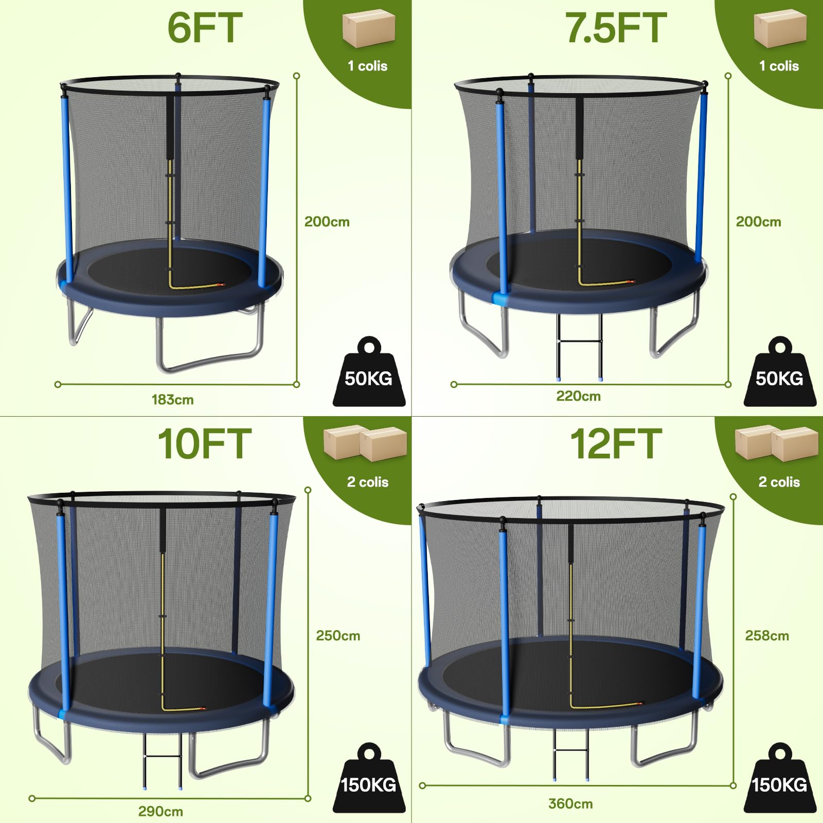 JUMMICO Trampoline d'extérieur Ø 183/228/290/360 cm Kit Complet avec Filet de sécurité, échelle, Housse de Protection et Accessoires de Montage