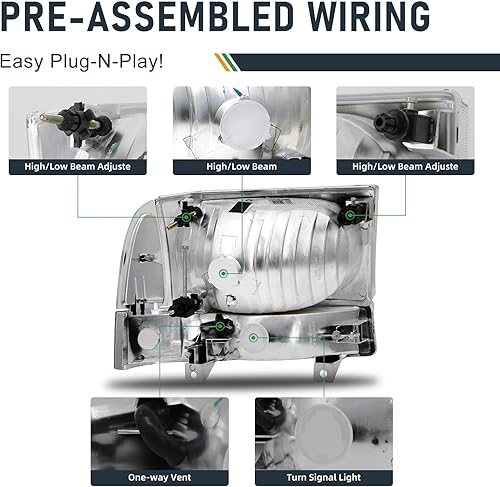 Miniatura 6 de Conjunto de faros delanteros para Ford F250 F350 F450 F550 Super Duty  00 01 02 02 03 04 Ford Excursion Sets de faros delanteros con carcasa cromada