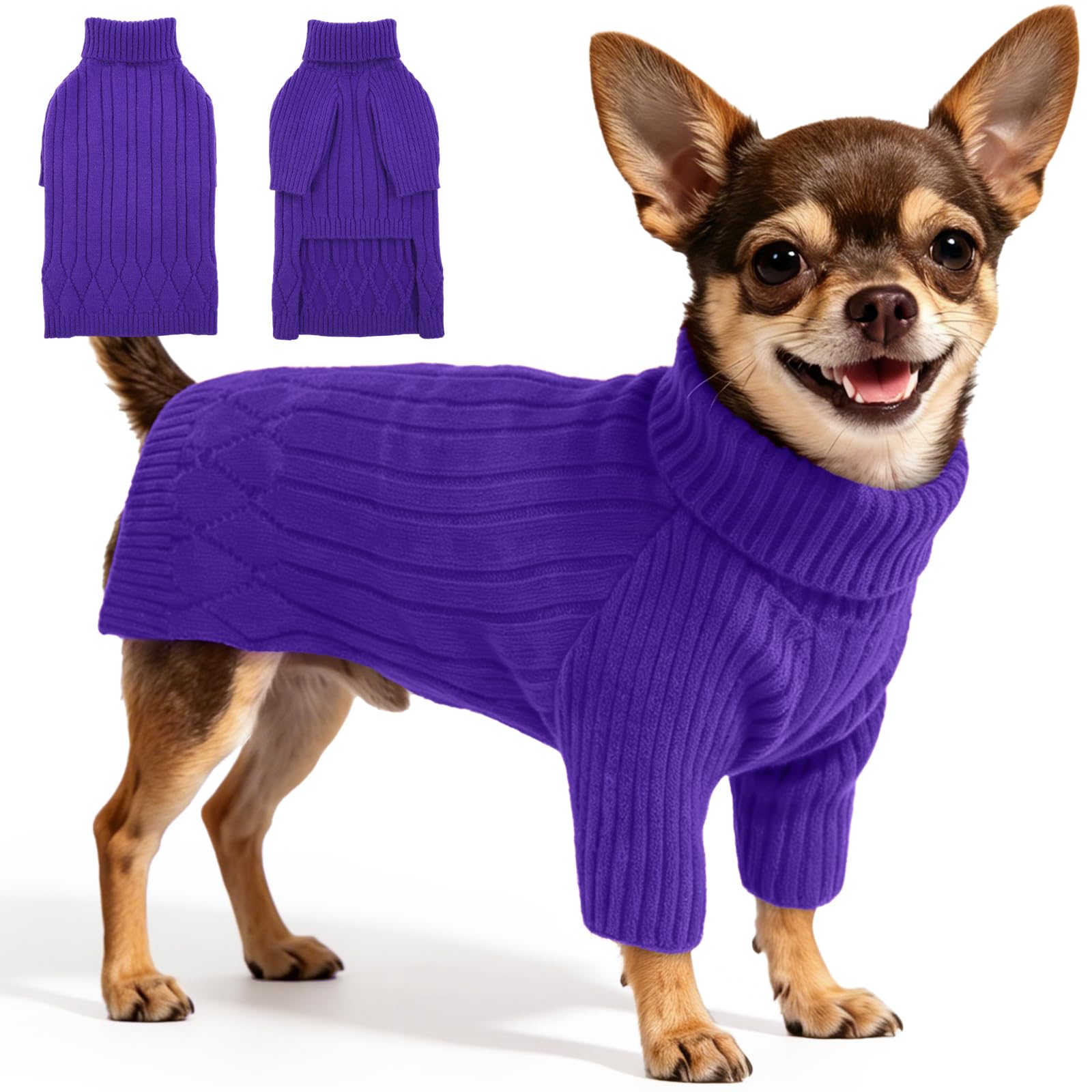 OUOBOB Dog Jumper for Small Dogs, Turtleneck Winter Knitwear for Dachshund Yorkie Chihuahua - Cosy Long Sleeve Christmas Dog Jumper for Boy & Girl Small Breeds (Purple XS)