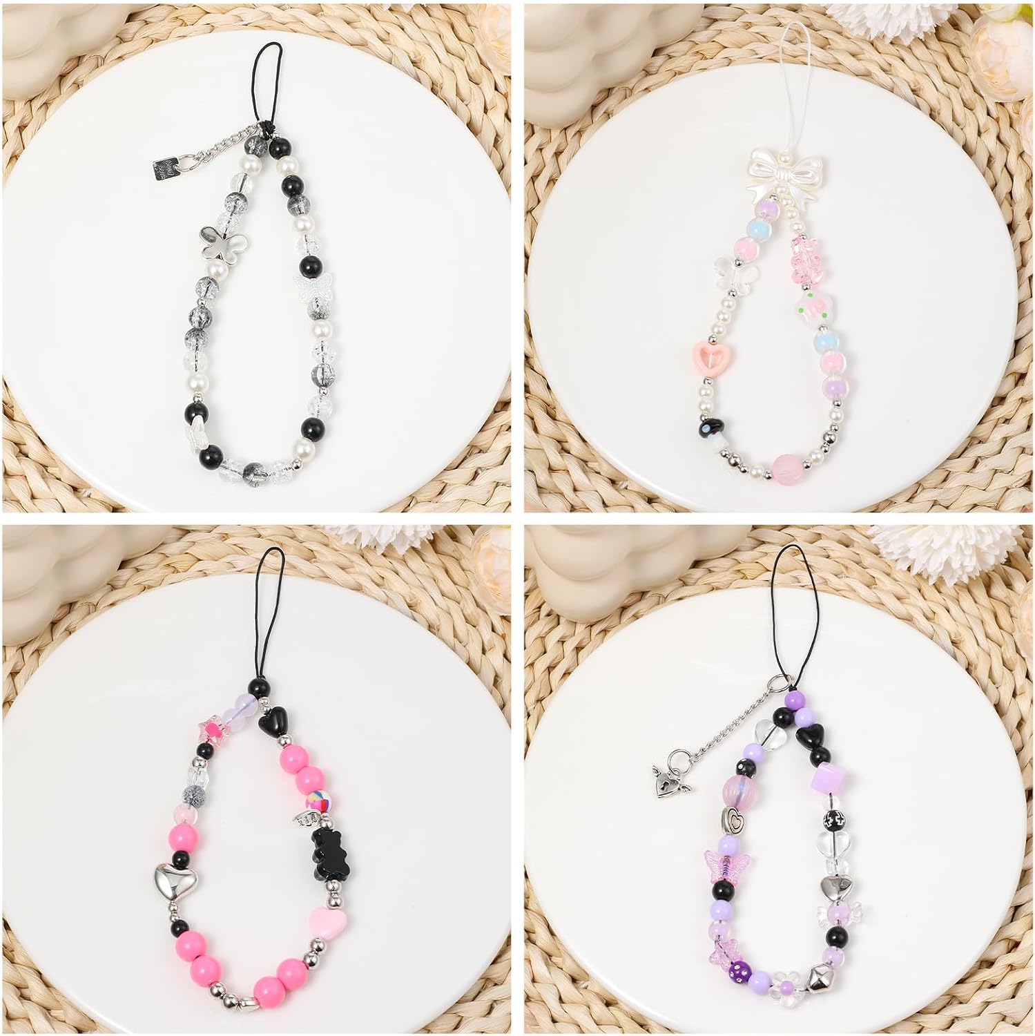 4PCS Phone Charm Wrist Strap Pearl Bracelet Wrist Strap Anti Lost Lanyard Cute Chain Cell Phone Charm Keychain Decoration for Women Bag Purse Backpack Wallet（purple, Pink, Black）