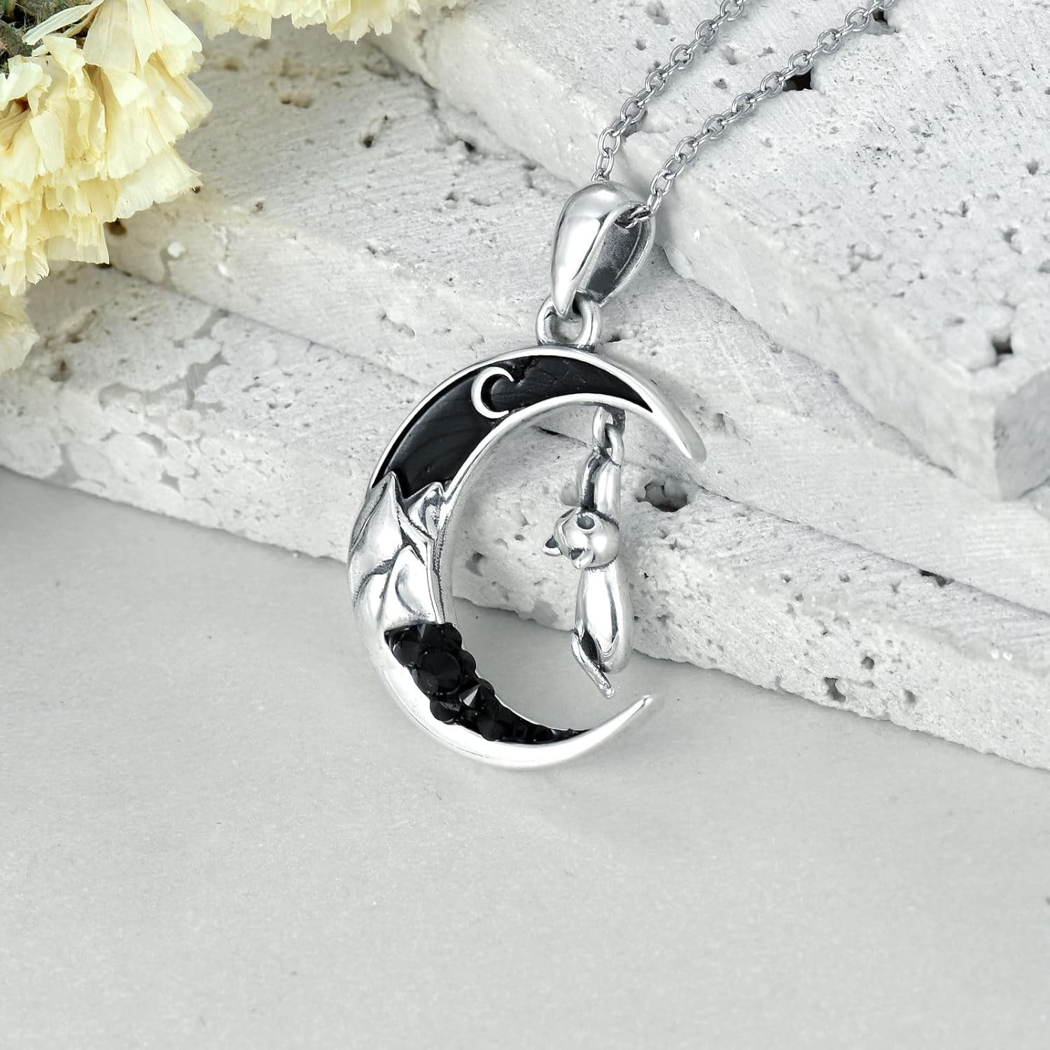 Gothic Jewelry Bat/Cat/Wolf/Dragon/Owl/Fox/Spider/Sun Pendant Sterling Silver Crescent Moon Necklace for Women Black Jewelry Gifts