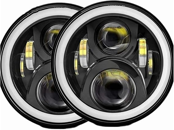 Headlight Assembly For Benz-G G55 2xLada Auto Motor 7 Inch Led Headlight Hi/Low H4 Light Halo Angle Eyes DRL Headlamp Car headlights(80w Halo light Black)